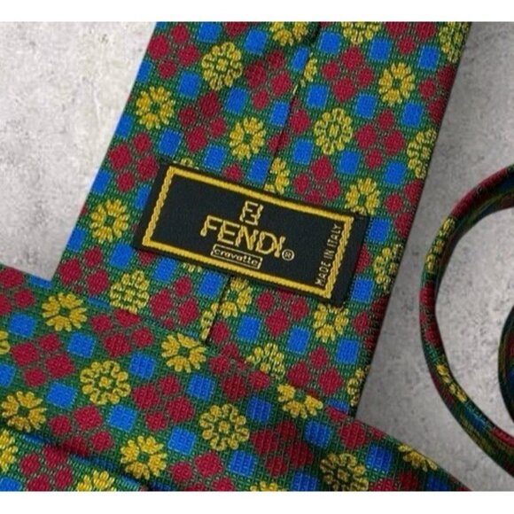 FENDI Silk Tie ITALY Green Red Yellow Geometric Floral W:3.7" EUC - Picture 2 of 7